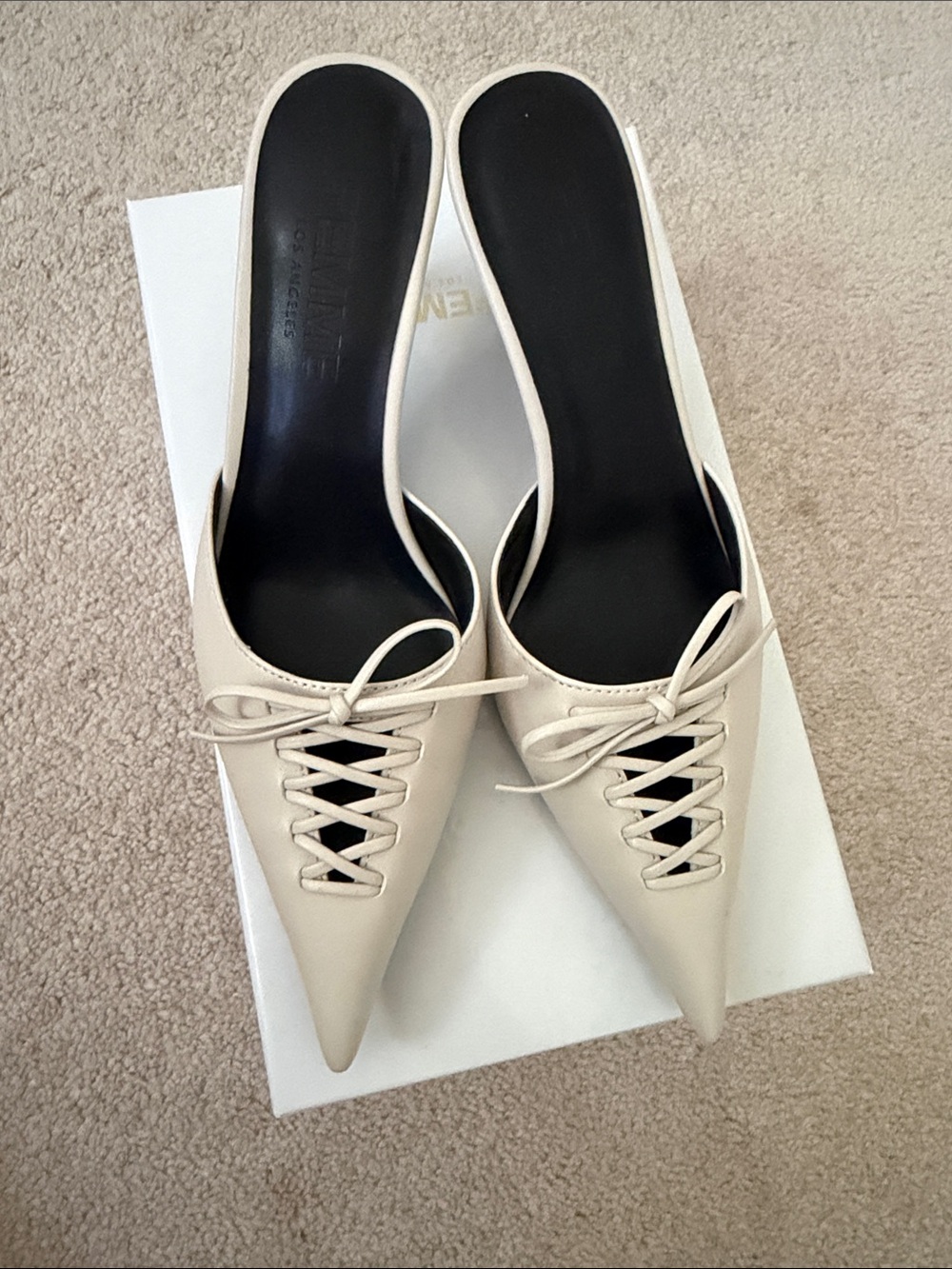 Pointed Lace-Up Mule Heels in Cream